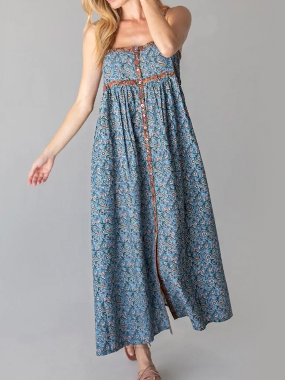 Natural Life Maxi Dress XL Blue Floral Block Print Cotton Button Front Boho